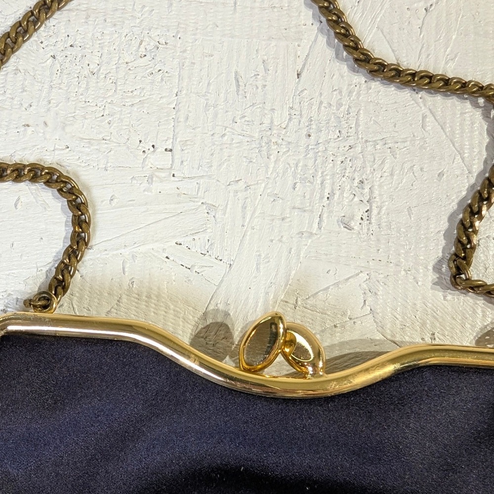 Vintage Rosenfeld Satin Evening Bag OS Navy Blue Gold Chain Clutch - Picture 2 of 12